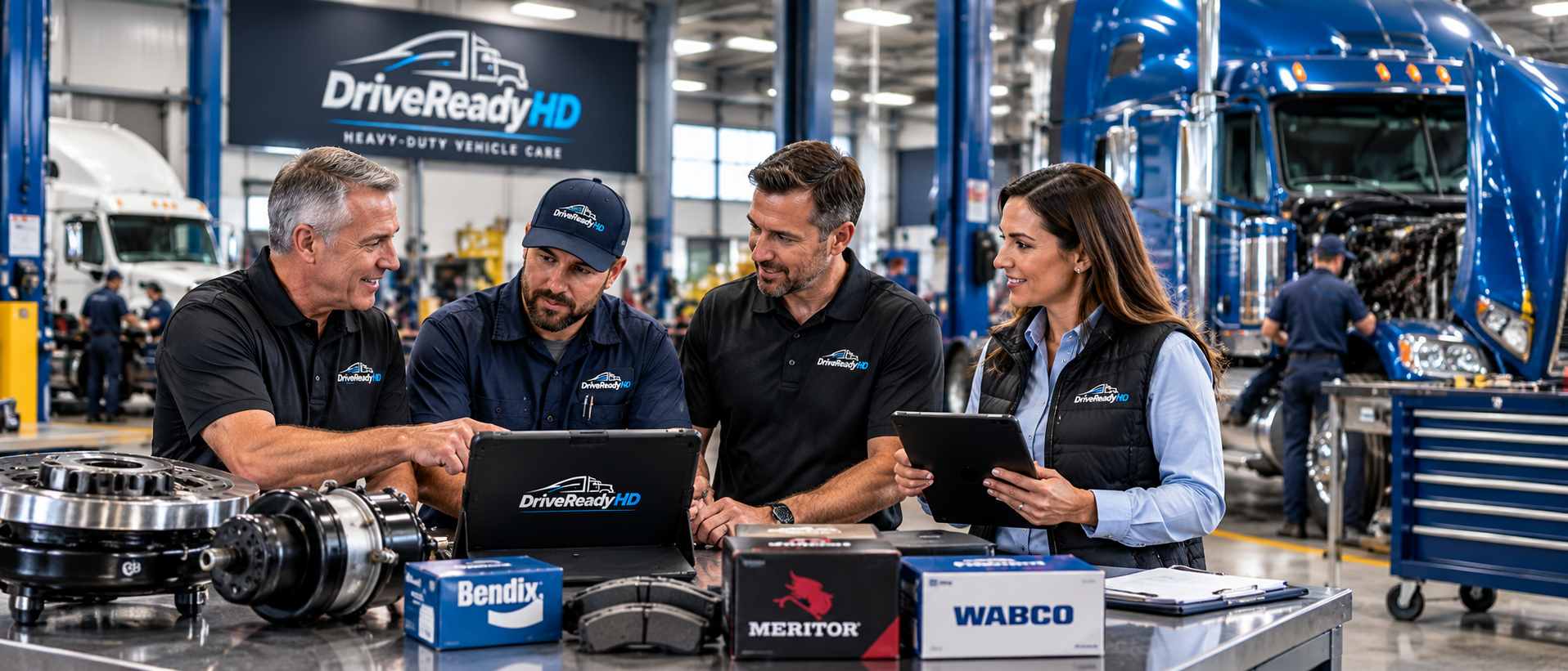 Heavy-duty distributor representative, parts supplier, service technician, and fleet manager collaborating at a modern truck service facility
