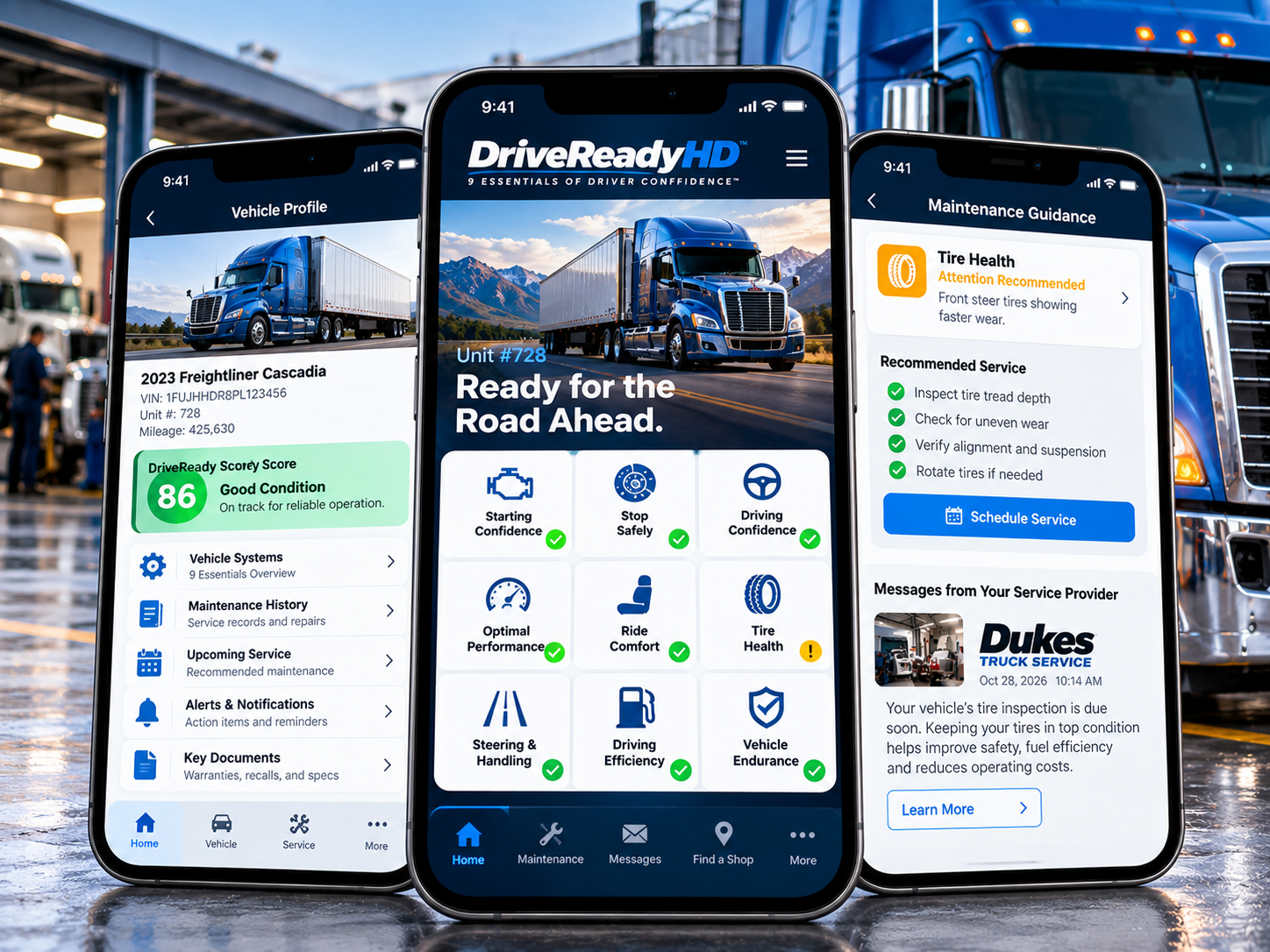 DriveReadyHD mobile experience showing fleet vehicle profile, maintenance guidance, and service-provider messages
