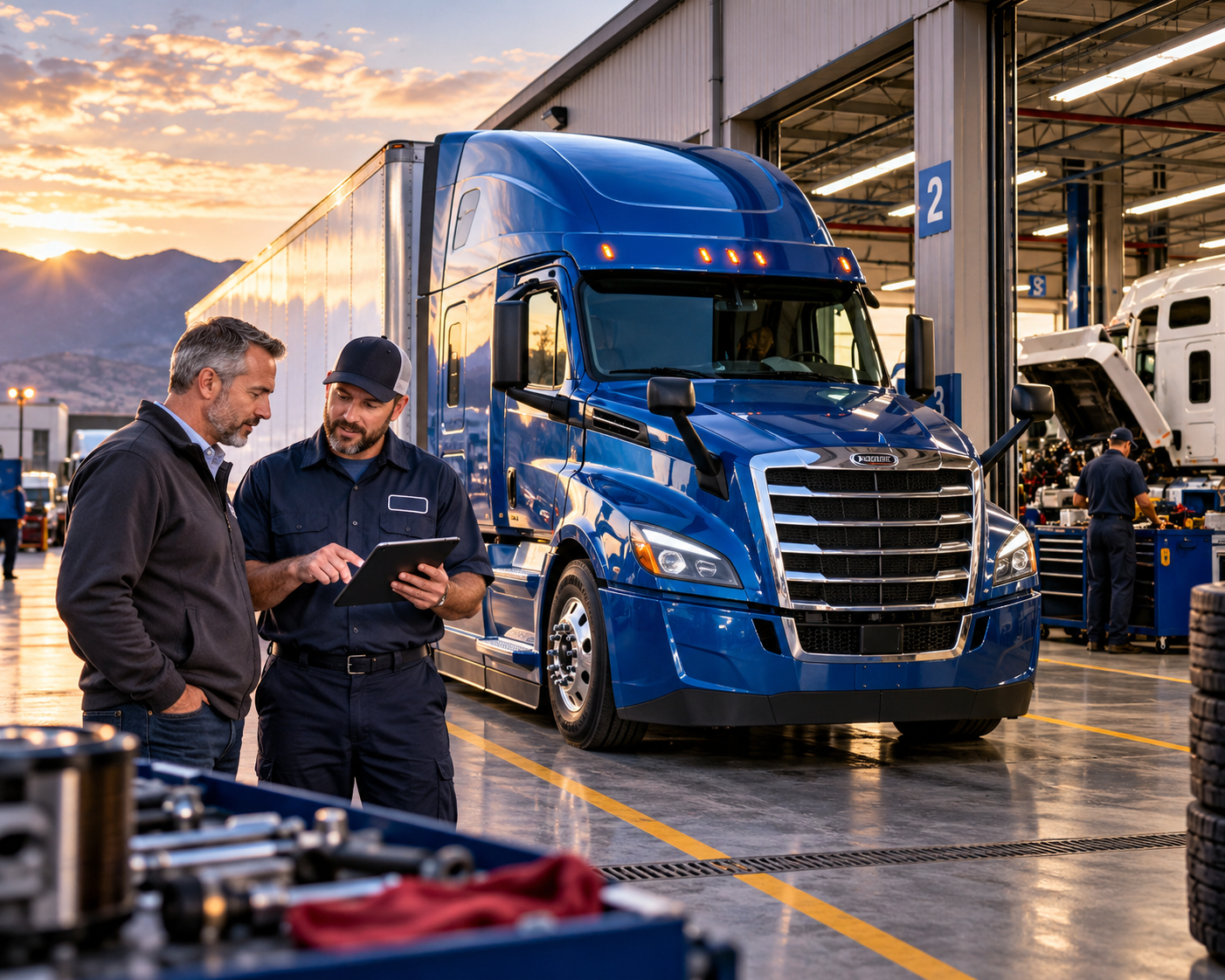 Class 8 tractor-trailer at a modern heavy-duty service facility with technician and fleet manager